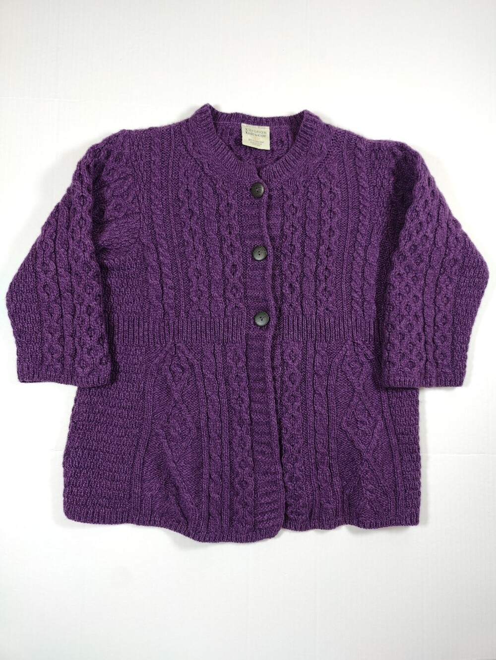 Kilronan Knitwear Cable Knit Merino Wool Button-Front Cardigan Purple M Ireland